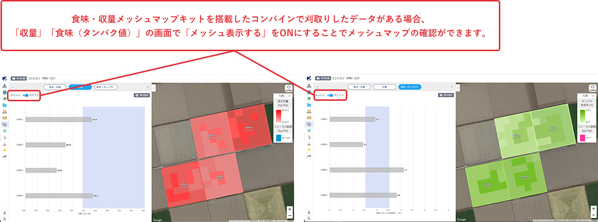 食味・収量メッシュマップ※で圃場内のバラつきを把握することができます